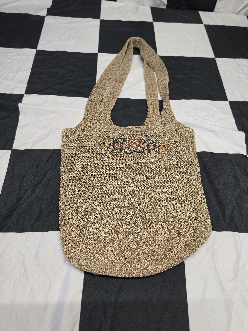 Beige Crochet Tote Bag with Embroidered Heart Detail